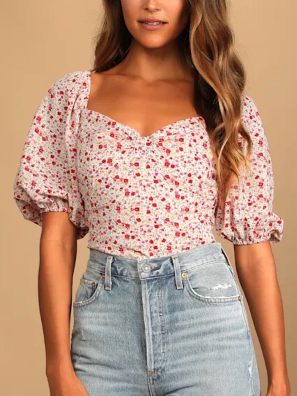 LULUS Ivory Floral Puff Sleeve Ruched Bodysuit XL